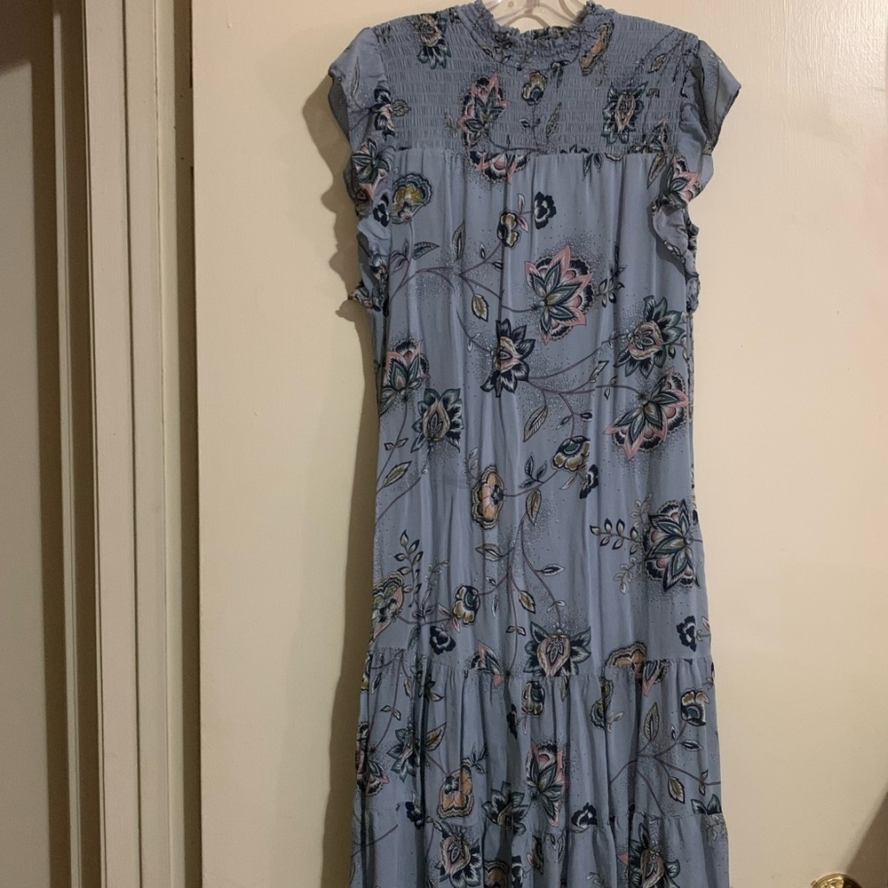 Dr2 Smocked Ruffled High Collar Button Back Blue Floral Maxi Dress. Size small - Picture 10 of 12